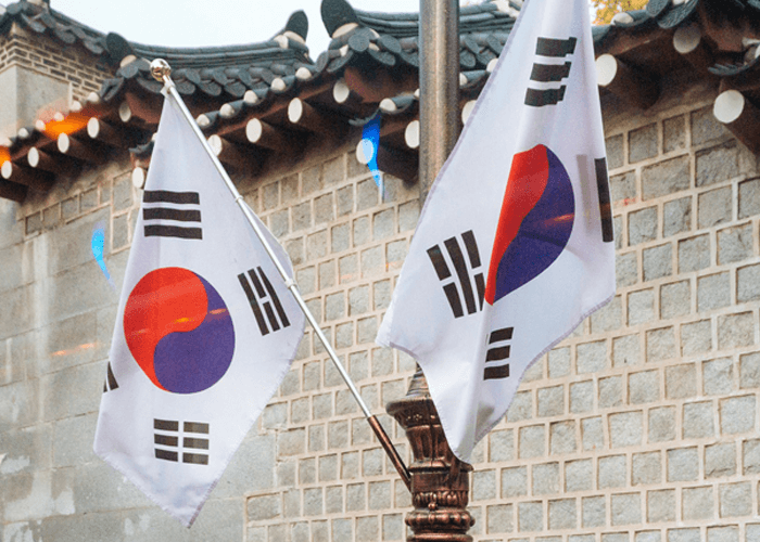 2 South Korean flags on a metallic pole outside the house