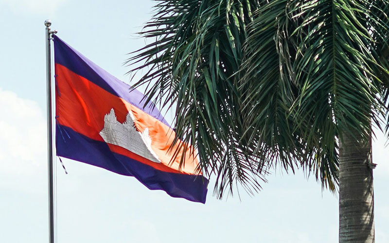 Blue red Cambodian flag near the tree