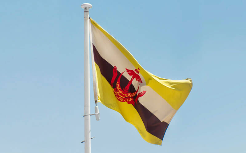 Yellow, white and black flag of Brunei flying with the breeze