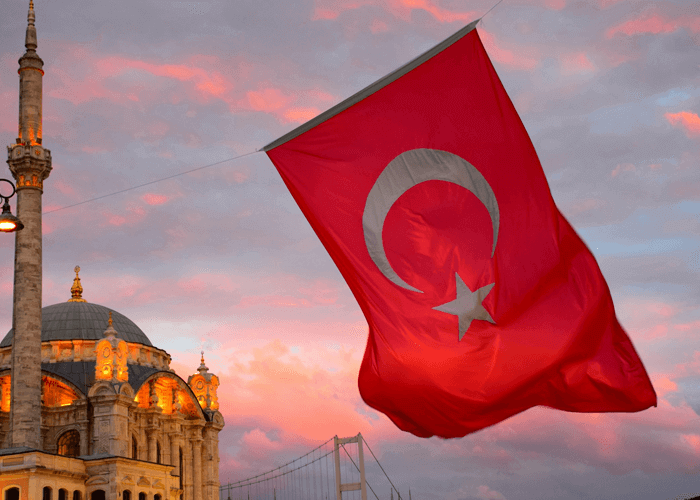 Flag of Turkey flapping in the breeze infront of historical building