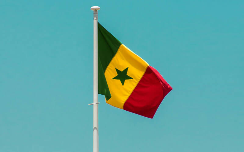 Green, yellow and red flag of Senegal flying in the wind