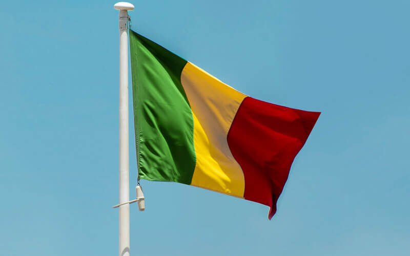 Green, yellow and red Mali flag flying in the wind