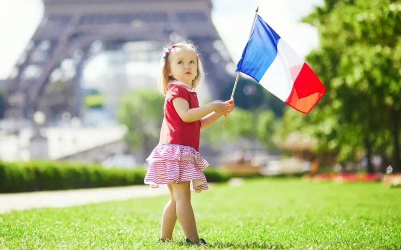 Toddler waving the French flag